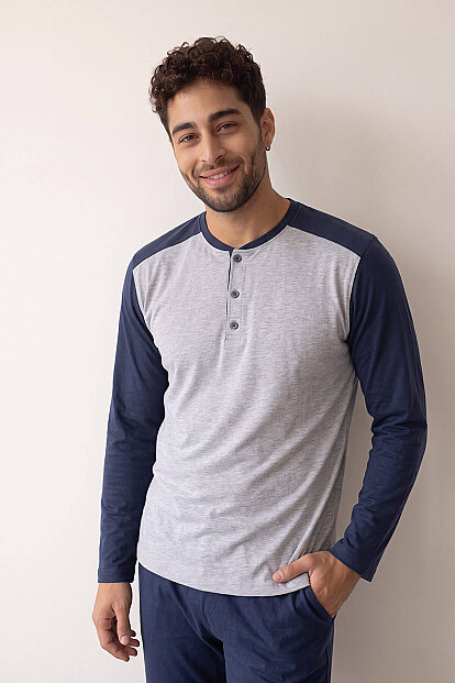 Lacivert Stylish Erkek Uzun Kol Pijama Takımı - 6