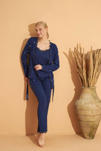 Lacivert Sunlit Desenli Bambu Sabahlıklı Kadın Pijama Takımı - 2