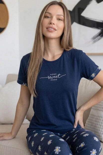 Lacivert Sweet Desenli Bambu Kısa Kol Kadın Pijama Takımı - 2
