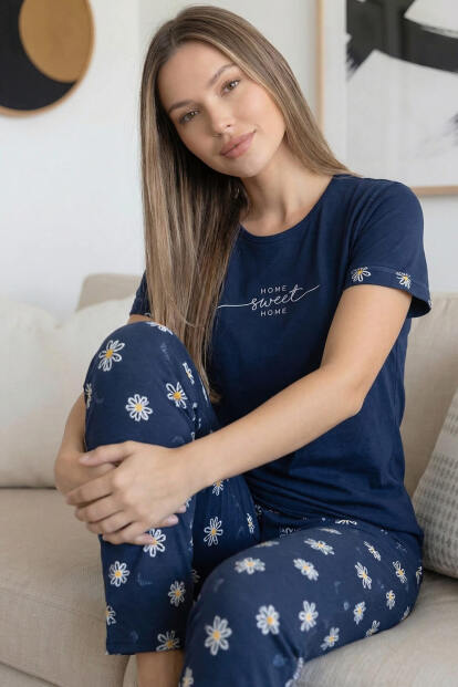 Lacivert Sweet Desenli Bambu Kısa Kol Kadın Pijama Takımı - 3