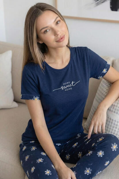 Lacivert Sweet Desenli Bambu Kısa Kol Kadın Pijama Takımı - 4