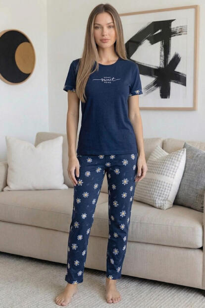 Lacivert Sweet Desenli Bambu Kısa Kol Kadın Pijama Takımı - 6