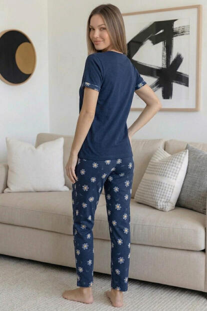 Lacivert Sweet Desenli Bambu Kısa Kol Kadın Pijama Takımı - 7