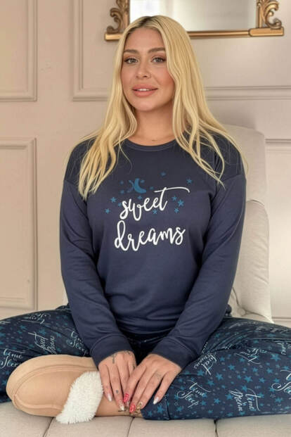 Lacivert Sweet Dreams Desenli Termal Kadın Pijama Takımı 
