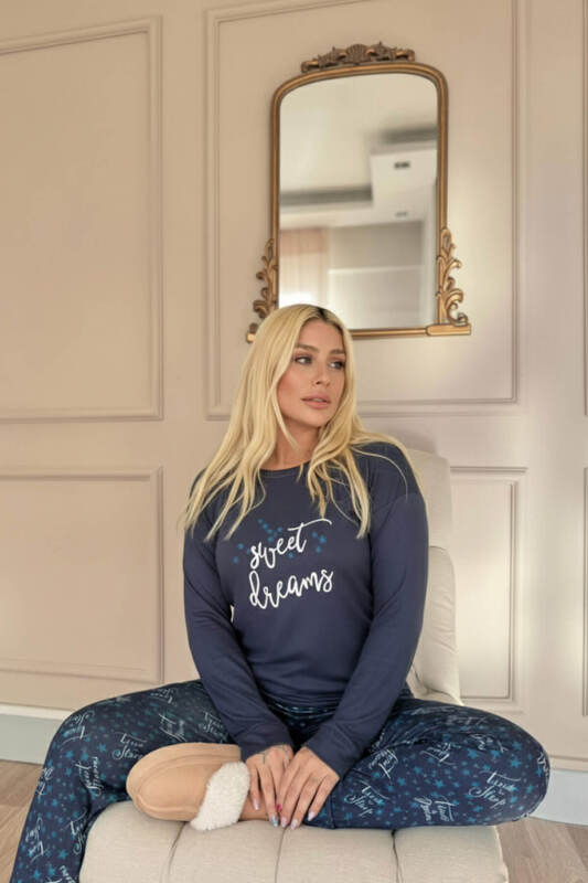 Lacivert Sweet Dreams Desenli Termal Kadın Pijama Takımı - Pijamaevi (2)