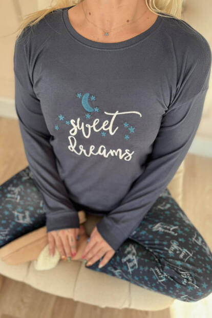 Lacivert Sweet Dreams Desenli Termal Kadın Pijama Takımı - 4
