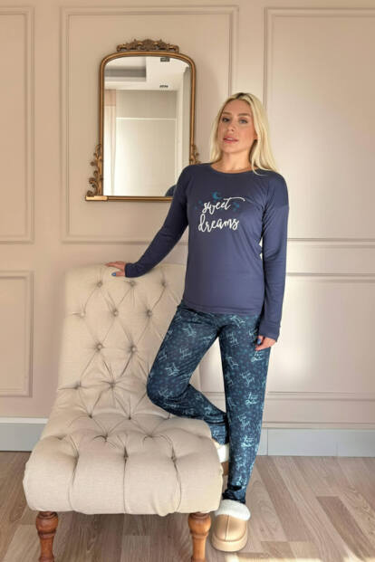 Lacivert Sweet Dreams Desenli Termal Kadın Pijama Takımı - 5