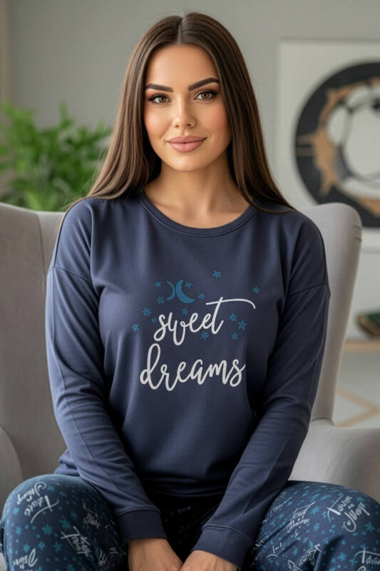 Lacivert Sweet Dreams Desenli Termal Kadın Pijama Takımı - Pijamaevi