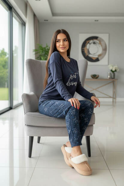 Lacivert Sweet Dreams Desenli Termal Kadın Pijama Takımı - 2