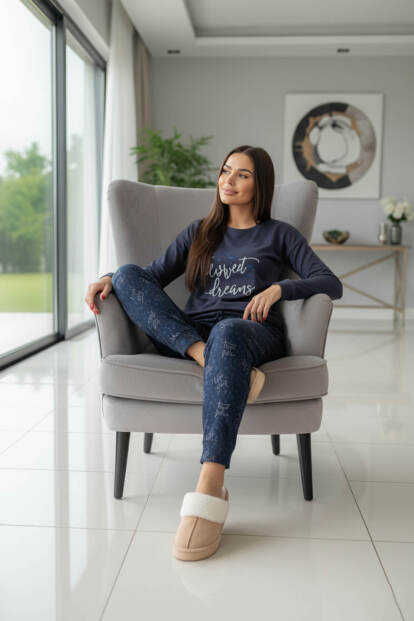 Lacivert Sweet Dreams Desenli Termal Kadın Pijama Takımı - 3