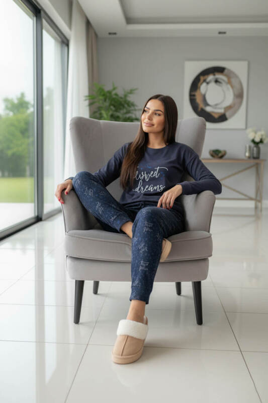 Lacivert Sweet Dreams Desenli Termal Kadın Pijama Takımı - Pijamaevi (2)