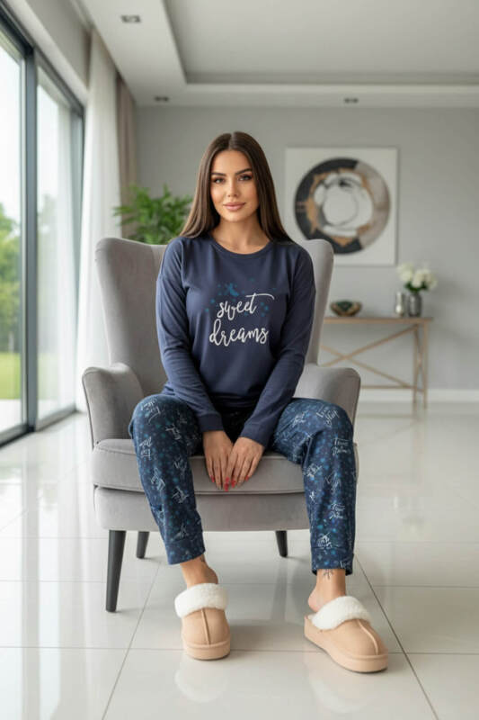 Lacivert Sweet Dreams Desenli Termal Kadın Pijama Takımı - Pijamaevi (3)