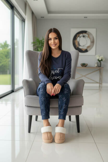Lacivert Sweet Dreams Desenli Termal Kadın Pijama Takımı - 5