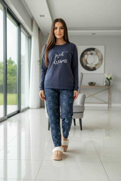 Lacivert Sweet Dreams Desenli Termal Kadın Pijama Takımı - 6