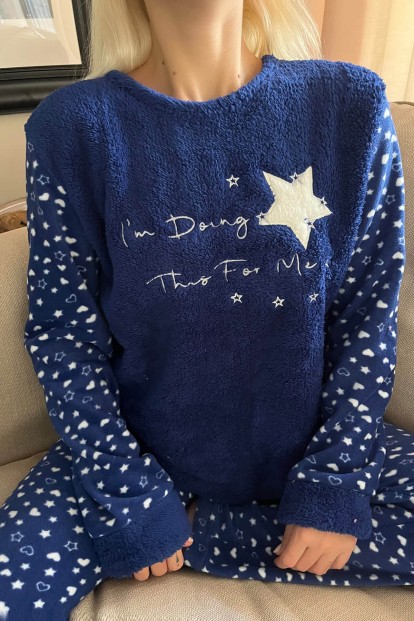 Lacivert This For Me Desenli Kadın Peluş Pijama Takımı - 4