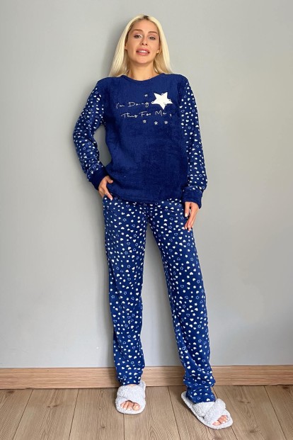 Lacivert This For Me Desenli Kadın Peluş Pijama Takımı - 5