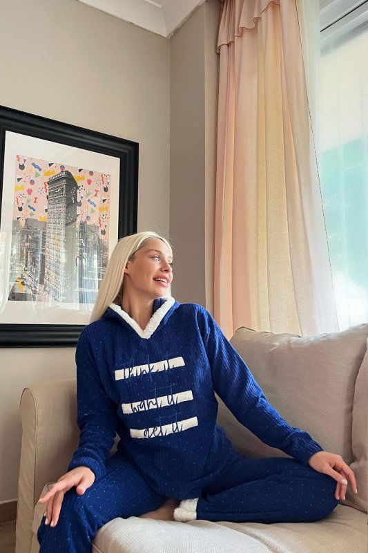 Lacivert Three Line Desenli Kapşonlu Peluş Polar Pijama Takımı - Pijamaevi (2)