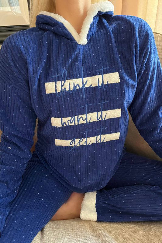 Lacivert Three Line Desenli Kapşonlu Peluş Polar Pijama Takımı - Pijamaevi (3)