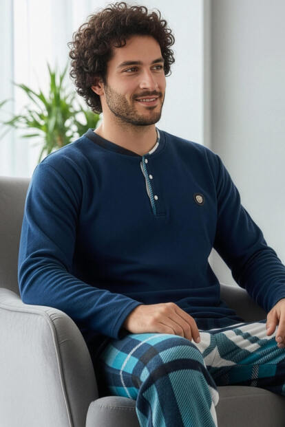 Lacivert Turkuaz Ekose Desenli Polar Erkek Pijama Takımı 