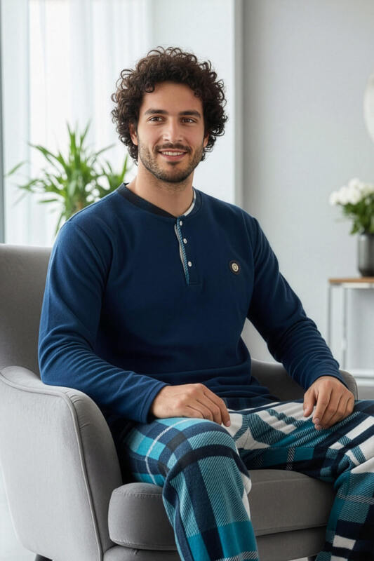 Lacivert Turkuaz Ekose Desenli Polar Erkek Pijama Takımı - Pijamaevi (1)