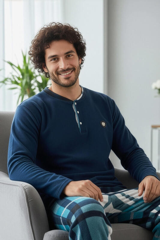 Lacivert Turkuaz Ekose Desenli Polar Erkek Pijama Takımı - Pijamaevi (2)