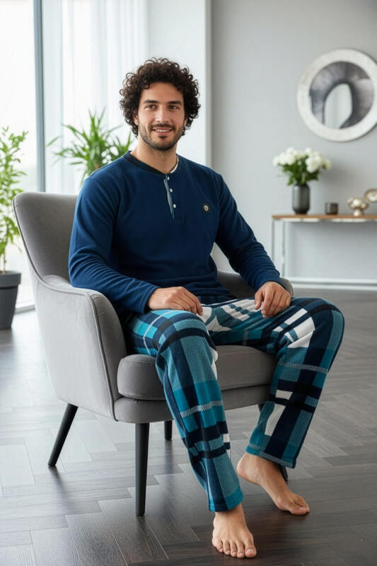 Lacivert Turkuaz Ekose Desenli Polar Erkek Pijama Takımı - Pijamaevi (3)