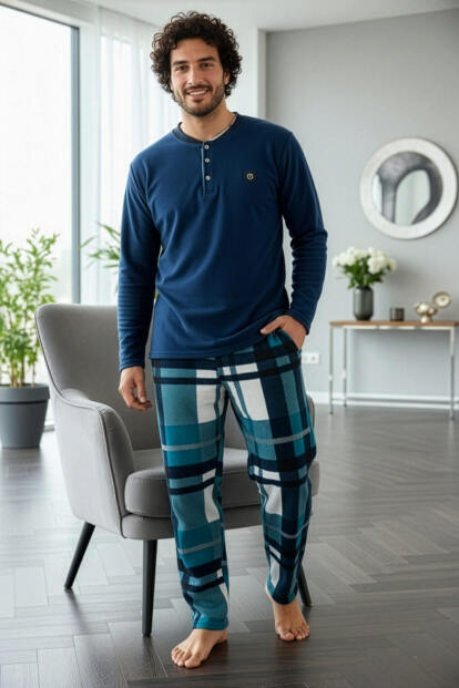 Lacivert Turkuaz Ekose Desenli Polar Erkek Pijama Takımı - 5