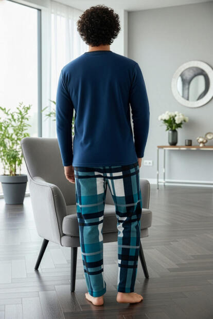 Lacivert Turkuaz Ekose Desenli Polar Erkek Pijama Takımı - 6