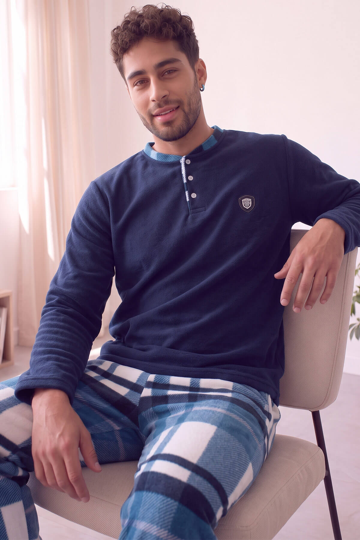 Lacivert Turkuaz Ekose Desenli Polar Erkek Pijama Takımı - Pijamaevi