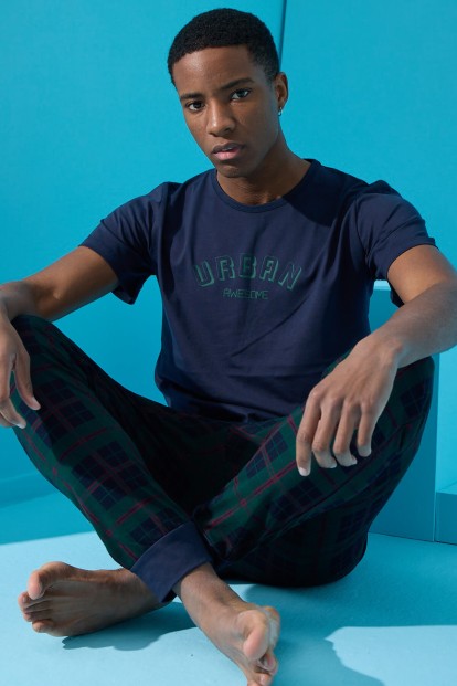 Lacivert Urban Baskılı Kısa Kollu Erkek Pijama Takımı - 1