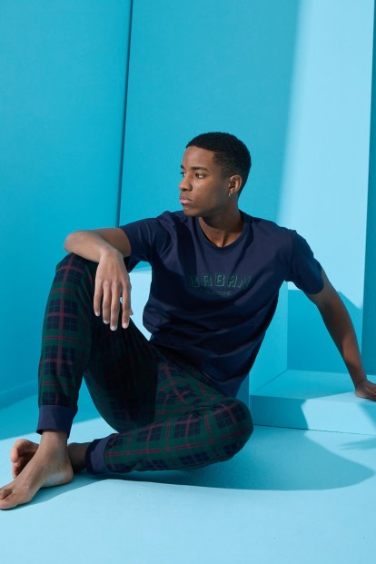 Lacivert Urban Baskılı Kısa Kollu Erkek Pijama Takımı - 2