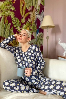 Lacivert Ursa Baskılı Uzun Kol Kadın Pijama Takımı - 2