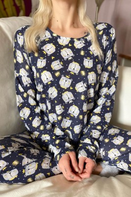 Lacivert Ursa Baskılı Uzun Kol Kadın Pijama Takımı - 5