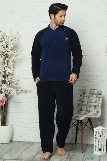 Lacivert Uzun Kollu Polar Erkek Pijama Takımı - 1