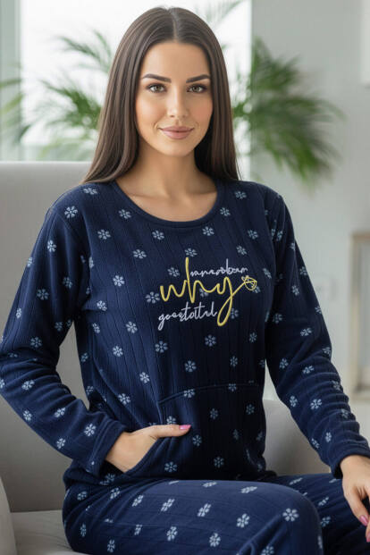 Lacivert Why Desenli Kanguru Cepli Peluş Polar Pijama Takımı - 1