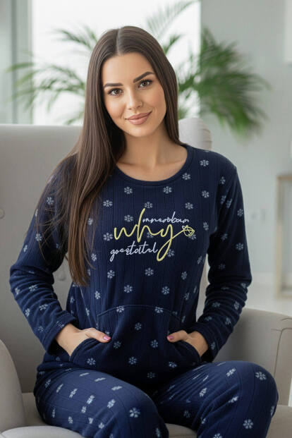Lacivert Why Desenli Kanguru Cepli Peluş Polar Pijama Takımı - 2