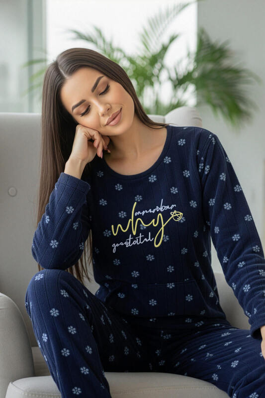 Lacivert Why Desenli Kanguru Cepli Peluş Polar Pijama Takımı - Pijamaevi (2)
