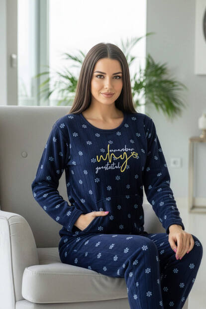 Lacivert Why Desenli Kanguru Cepli Peluş Polar Pijama Takımı - 4