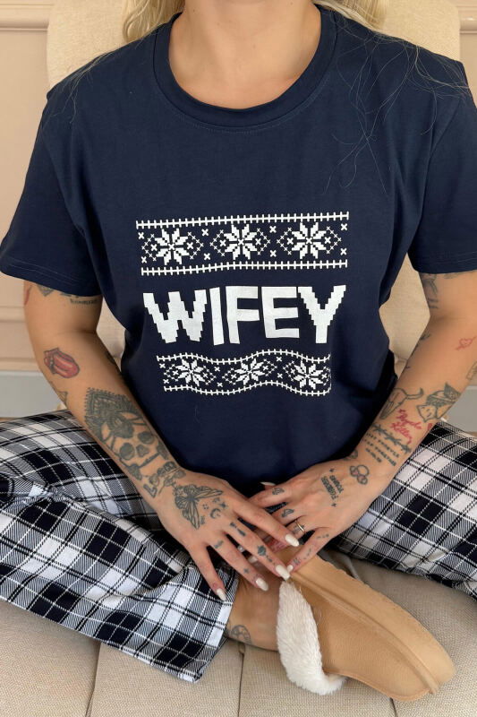 Lacivert Wifey Kısa Kol Sevgili Aile Pijaması - Kadın Takımı - Pijamaevi (2)