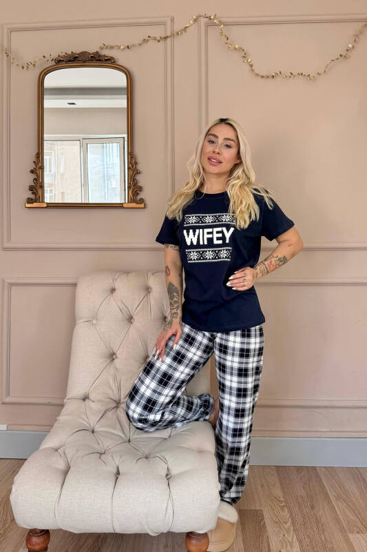 Lacivert Wifey Kısa Kol Sevgili Aile Pijaması - Kadın Takımı - Pijamaevi (3)