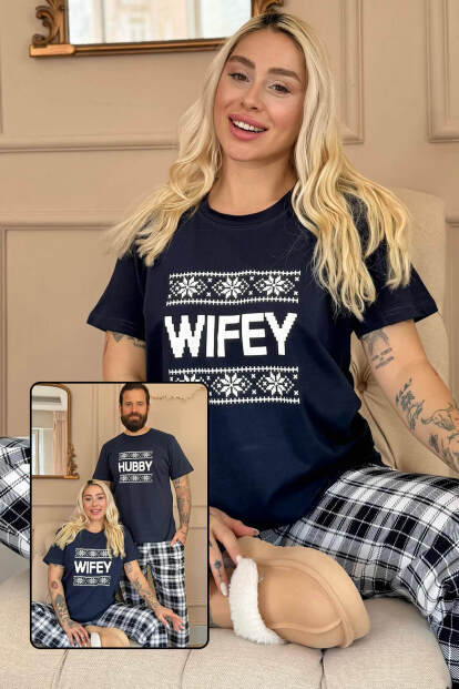 Lacivert Wifey Kısa Kol Sevgili Aile Pijaması - Kadın Takımı - 8
