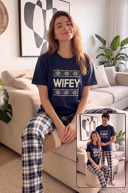 Lacivert Wifey Kısa Kol Sevgili Aile Pijaması - Kadın Takımı 