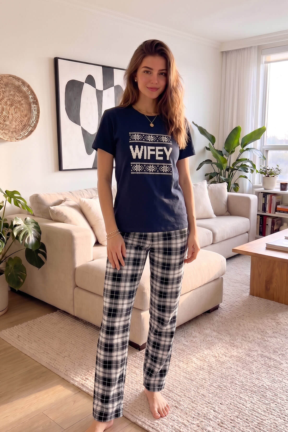 Lacivert Wifey Kısa Kol Sevgili Aile Pijaması - Kadın Takımı - Pijamaevi (3)