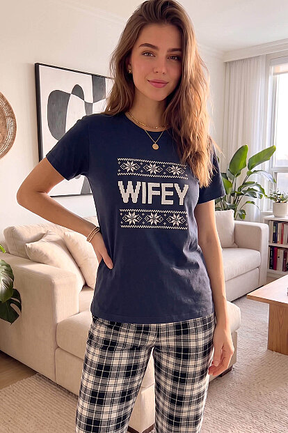 Lacivert Wifey Kısa Kol Sevgili Aile Pijaması - Kadın Takımı - 5