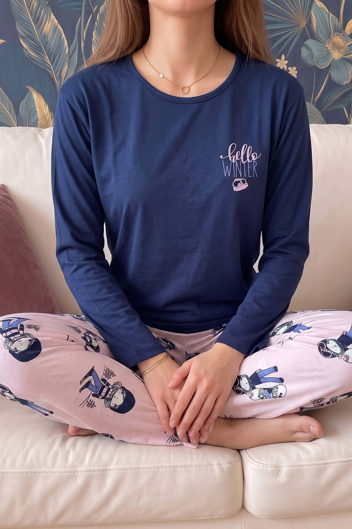 Lacivert Winter Desenli Sofia Uzun Kol Örme Kadın Pijama Takımı - Pijamaevi (3)