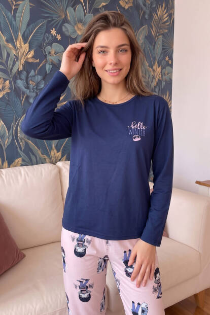 Lacivert Winter Desenli Sofia Uzun Kol Örme Kadın Pijama Takımı - 5