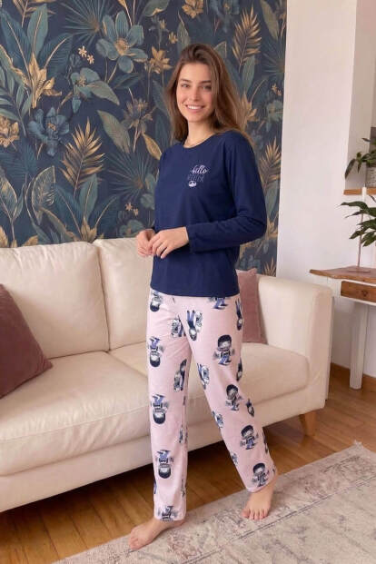 Lacivert Winter Desenli Sofia Uzun Kol Örme Kadın Pijama Takımı - 6