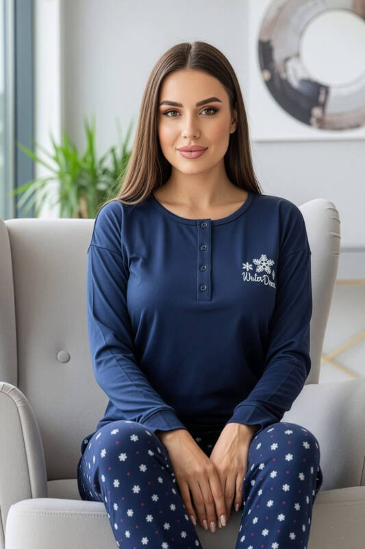 Lacivert Winter Dream Desenli Uzun Kollu Bambu Örme Kadın Pijama Takımı - Pijamaevi (1)