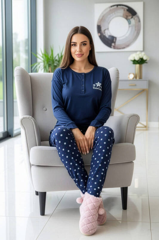 Lacivert Winter Dream Desenli Uzun Kollu Bambu Örme Kadın Pijama Takımı - Pijamaevi (3)