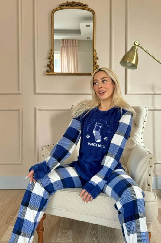 Lacivert Wishes Desenli Kadın Peluş Pijama Takımı - Pijamaevi (1)